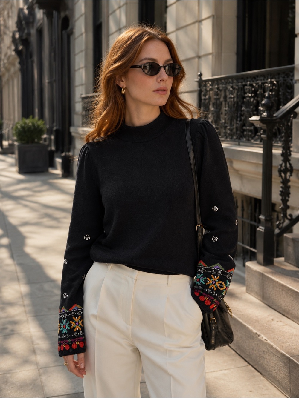 THML Black Mock Neck Quiet Luxury Embroidered Sleeve Keyhole Neckline Sweater, M